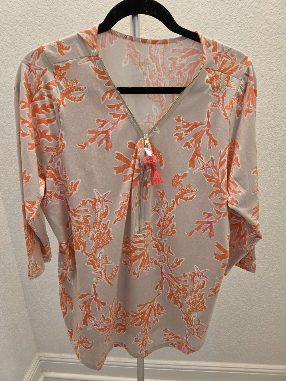 Belle By Kim Gravel XL Amalfi Coral Starfish Tassel Zip 3/4 Sleeve Top Women
